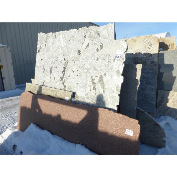 5- Slabs, Various sizes x 3/4" & 1 1/4" thick, Flamed imperial, Crazy horse Granite and other variou