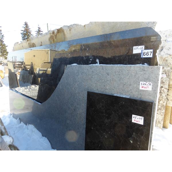 3- Slabs, Various sizes x 3/4" thick, Antique brown Granite and 1 1/4" thick granite (various colors