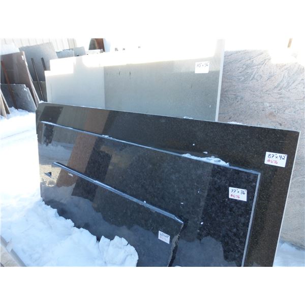 6- Slabs, Various sizes x 1 1/4" thick, Black pearl, Diamond black Granite and other various colors