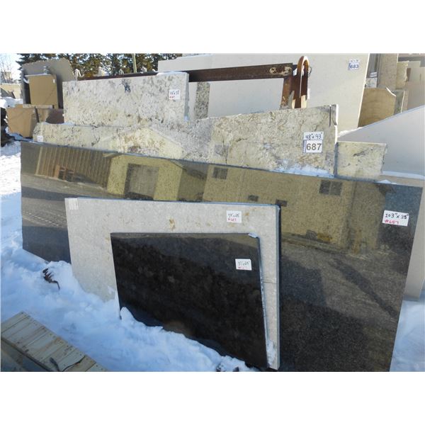 7- Slabs, Various sizes x 1 1/4" thick, Diamond black, Alaska white, Bianco Antico Granite and other