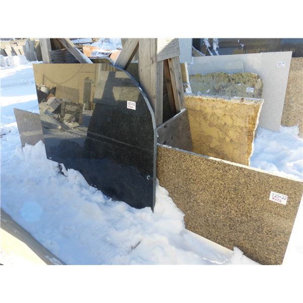 10- Slabs, Various sizes x 1 1/4" thick, Diamond black, Leather brown, Bianco romano, Bianco Antico 