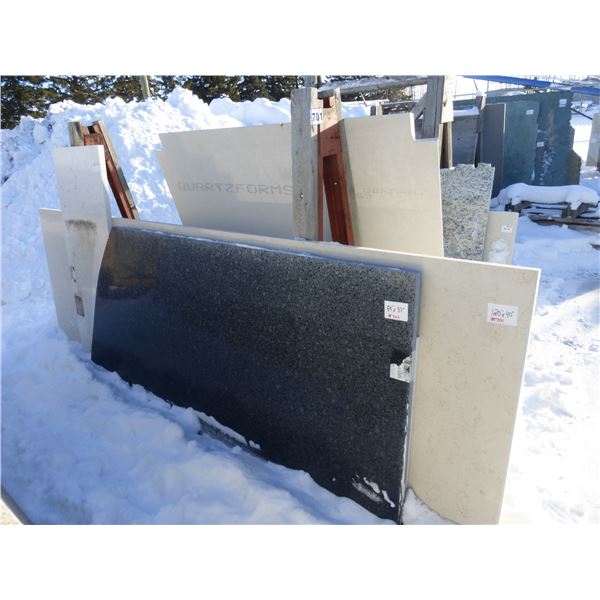 5- Slabs, various sizes x 1 1/4" thick, Clarino, Ebony Quartz and other various colors c/w metal sla