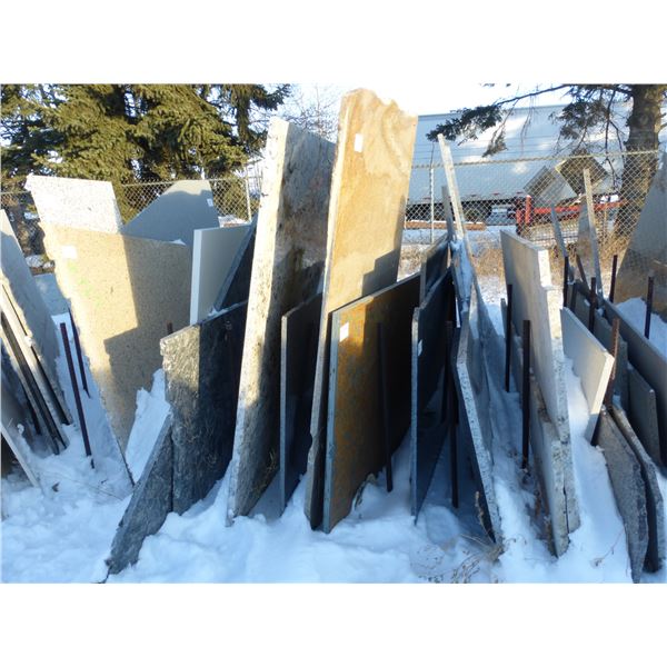Approx. 21- Slabs, Various sizes and colors of Granite c/w metal slab stand