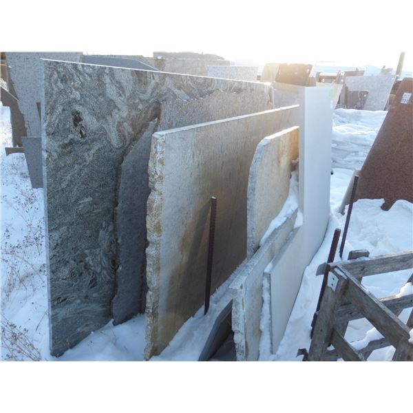 Approx. 14- Slabs, various sizes and colors of Granite c/w metal slab stand