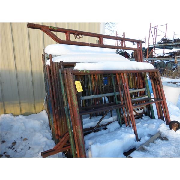 Approx. 30- scaffold c/w braces, 3- crates of scaffold ends and 2- adjustable legs