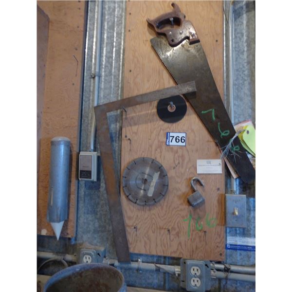 Saw, level, clock, hinges, tray, brush, hammer and misc.