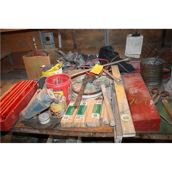 Tool box, flares, hammer, oils, hard hats, and misc.
