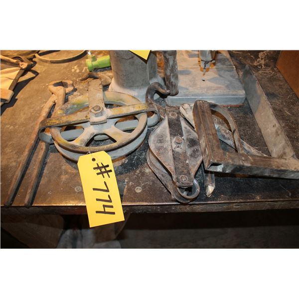 2- Pulleys, tongs, edger, hand drill and torch