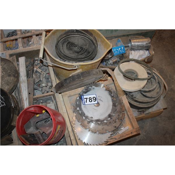 Pallet of saw blades, tool boxes and misc.
