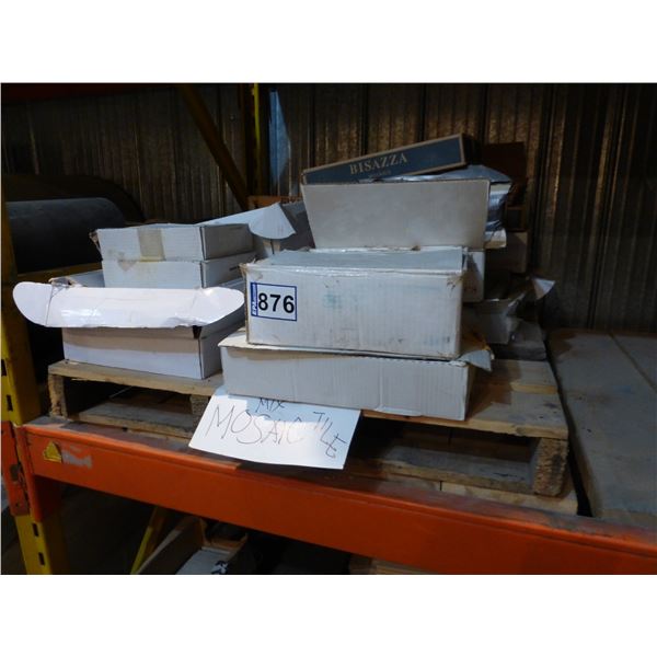 Pallet of tile accent material (various color and sizes) NOTE: Pallets of tile ON pallet racking is