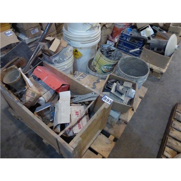 Pallet of cove strips, hanger brackets, buckets, nuts & bolts and misc.
