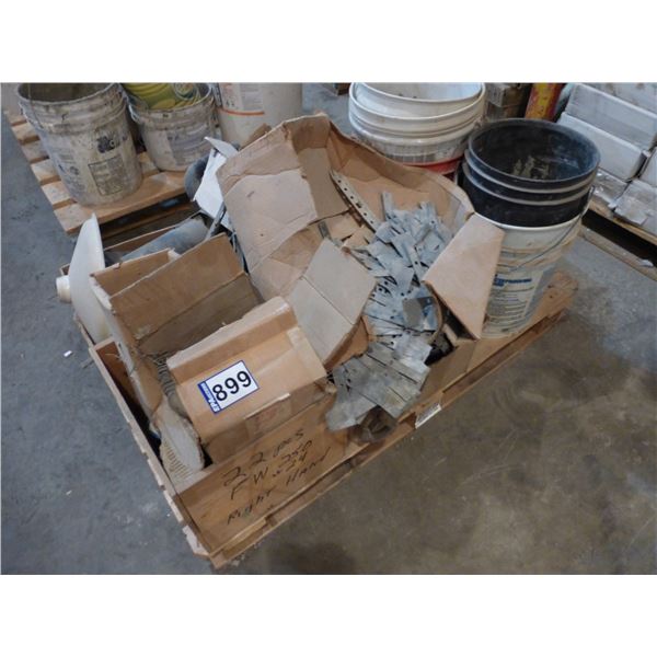 Pallet of cove strips, granite hanging brackets, nuts & bolts and misc.
