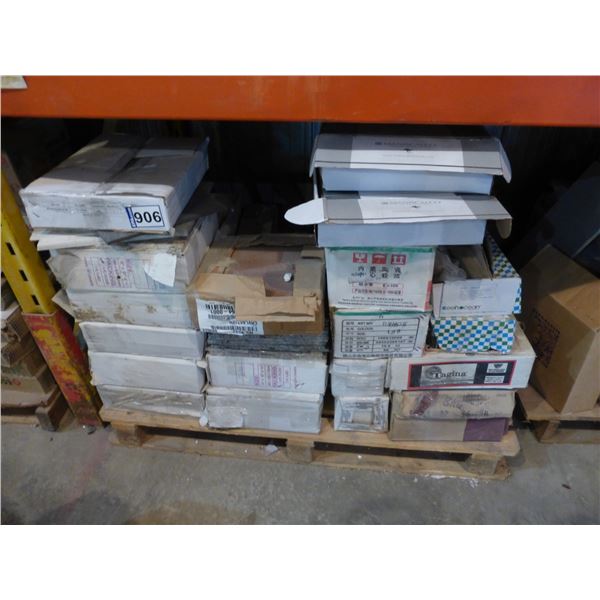Pallet of 12" x 12" Giallo veneziano granite tile, Ubatuba tiles and assorted glass and ceramic tile