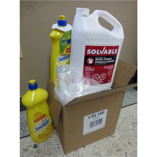 1- box of caulking, 2- bottles of Sunlight dish soap and Methyl Hydrate