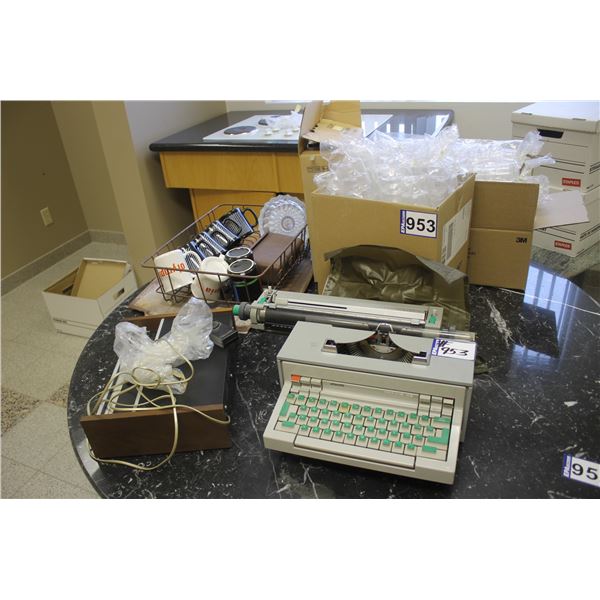 Typewriter, answering machine, mugs and glasses