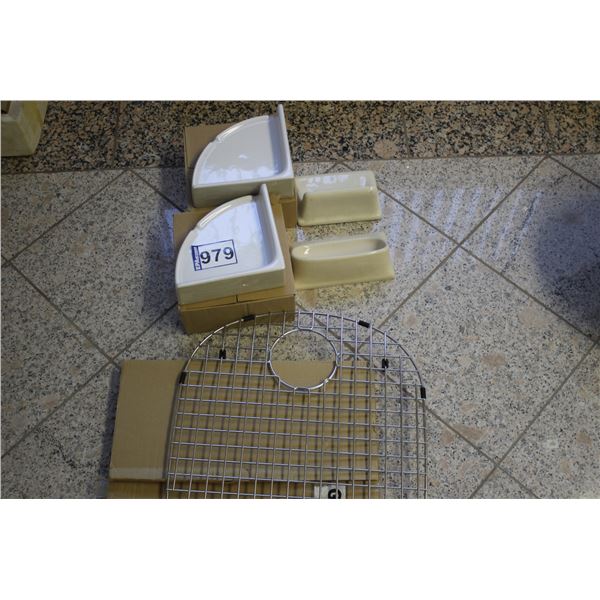 Soap trays, ceramic corner shelves and sink grit