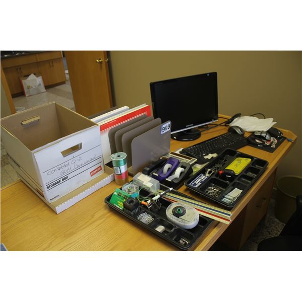 Monitor, keyboard and office supplies.