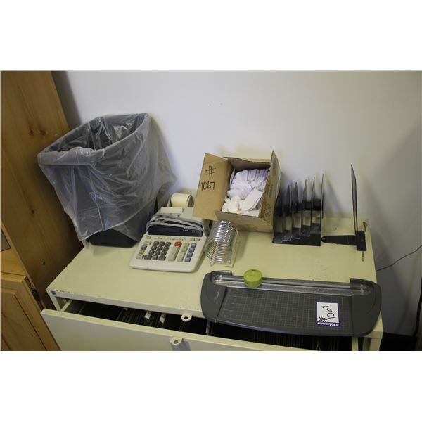 Adding machine, tags, paper cutter, garbage can, file holder and misc.