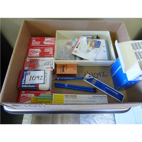 Box of eraser strips, pencils, leads and office supplies