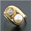 Image 2 : Antique 14k Gold 7.2mm Pearl .58 ctw Old Mine Cushion Diamond Bypass Cocktail Ri