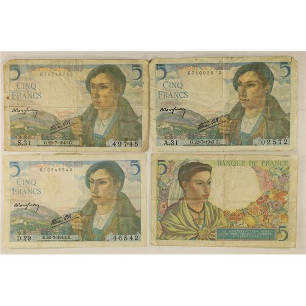 4-1943 FRANCE 5 FRANC BILLS