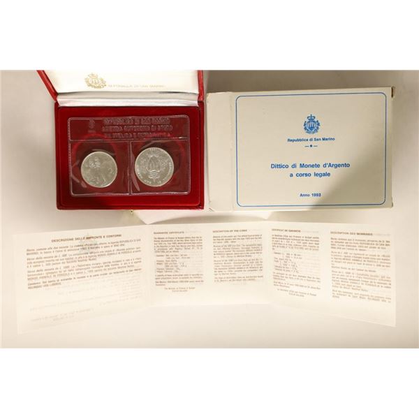 1993 REPUBLIC OF SAN MARINO 2 COIN BU SILVER SET