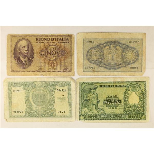 4-ITALIAN LIRE BILLS: 2-1939 FIVE LIRE & 2-1951