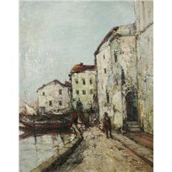 John Le Comte (French) Impressionist Dock and Street Scene, Oil on canvas