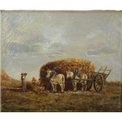 Artist Unknown (20th Century) Harvest Scene with Figures, Oil on Canvas