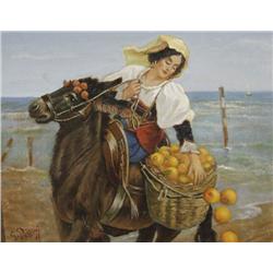 Giuseppe Palizzi (1812-1888, Italian) Seaside with Maiden and a Mule, Oil on Canvas Board