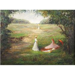 P. Foarmier (20th Century) Park Scene with Figures, Oil on Board