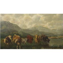 Artist Unknown (20th Century) Landscape with Cattle, Oil on Canvas