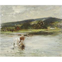 John Dirk Bowie (1860-1914) Figures in Landscape with River, Oil on canvas