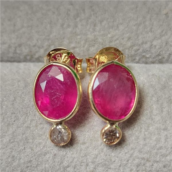 10K Yellow Gold Ruby(3.5ct) Diamond(0.2ct) Earrings (~weight 1.18g), Appraised Retail $1710