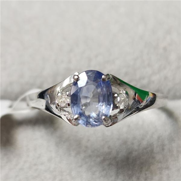 10K White Gold Ceylon Sapphire(0.9ct) Diamond(0.04ct) Ring (~Size 7) (~weight 1.51g), Made in Canada