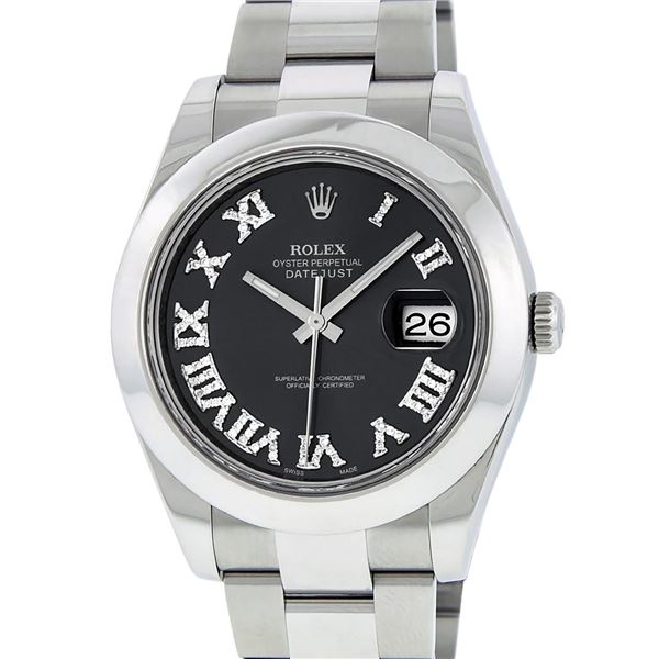 Rolex Mens SS 41MM Slate Roman Diamond Datejust 2 Oyster Band Wristwatch