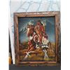 Image 2 : Qty 3 Native American Framed Artwork: Chief in Headdress & 2 Warriors on Horseback 24"x19"