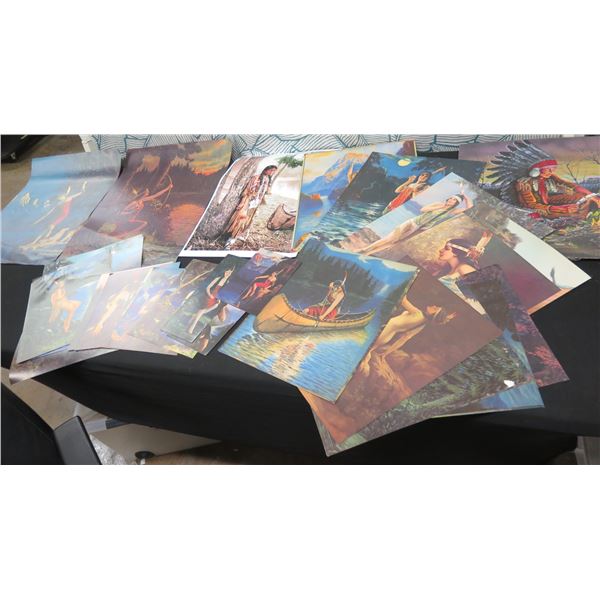 Qty Approx. 30 Posters: Indian Canoe, Hunting, Fishing, Chief in Headdress, etc Misc Size, Some Sign