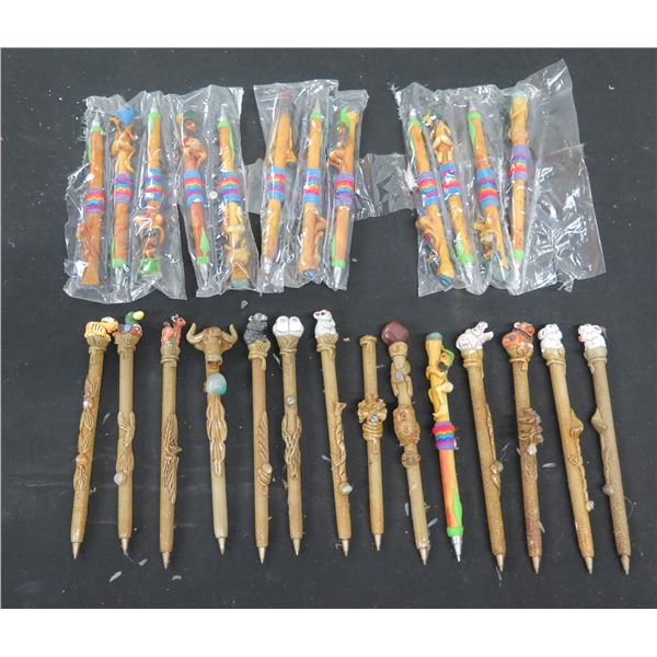 Qty Approx. 20 Pens w/ Wood Design & Duck, Ram, Tiger, Rabbit, Misc Animal Tops