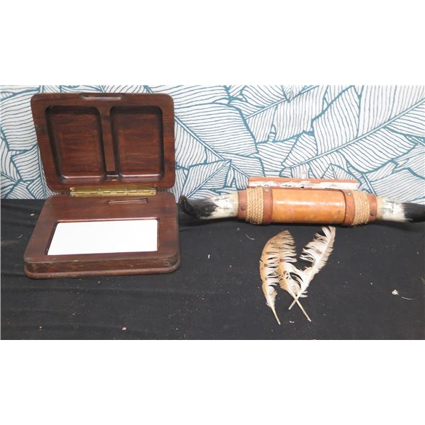 Wooden Box w/ Hinged Lid, Wall Mount Bull Horns & Loose Feathers