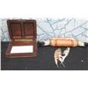 Image 1 : Wooden Box w/ Hinged Lid, Wall Mount Bull Horns & Loose Feathers