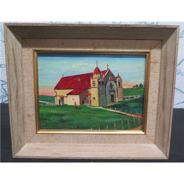 Mission San Carlos Carmel CA Oil Painting by E.A. Burbank, Framed & Matted 11"x9"