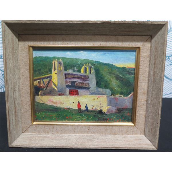 Old Indian Adobe Church New Mexico Oil Painting by E.A. Burbank, Framed & Matted 11"x9"