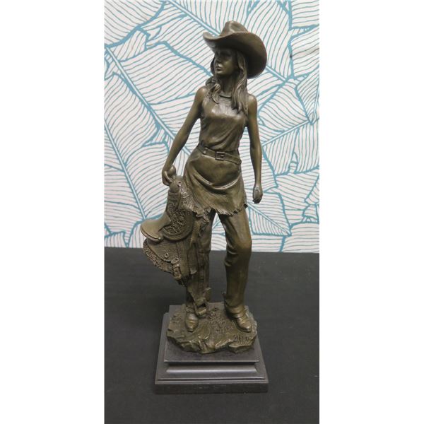 Cowgirl Figure Carrying Saddle Signed by Artist 5 x5 x15 