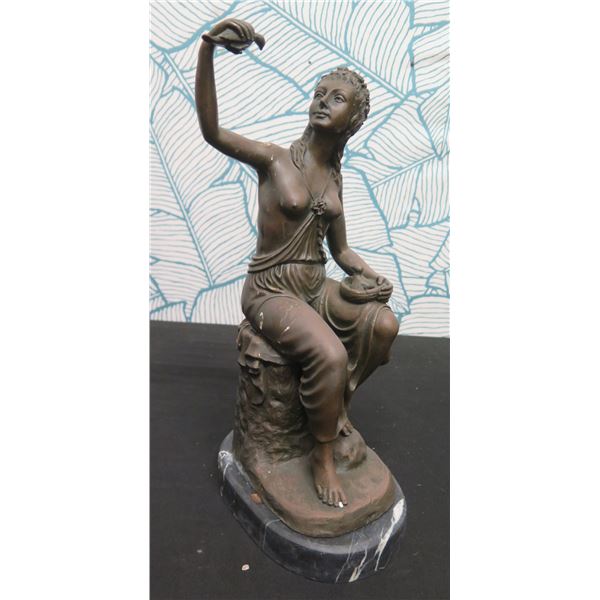 European Finest Bronze Nude Female w/ Bird Figure Signed by Artist 5 x7 x15 