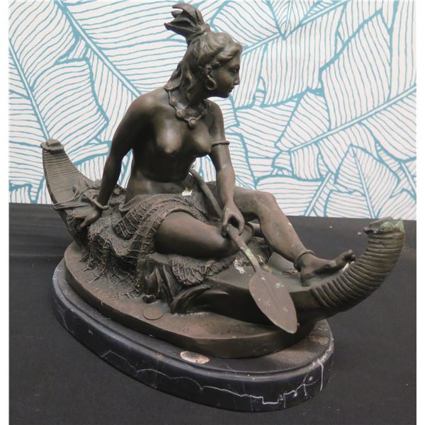 European Finest Bronze Nude Indian Female in Canoe Figure Signed by Milo