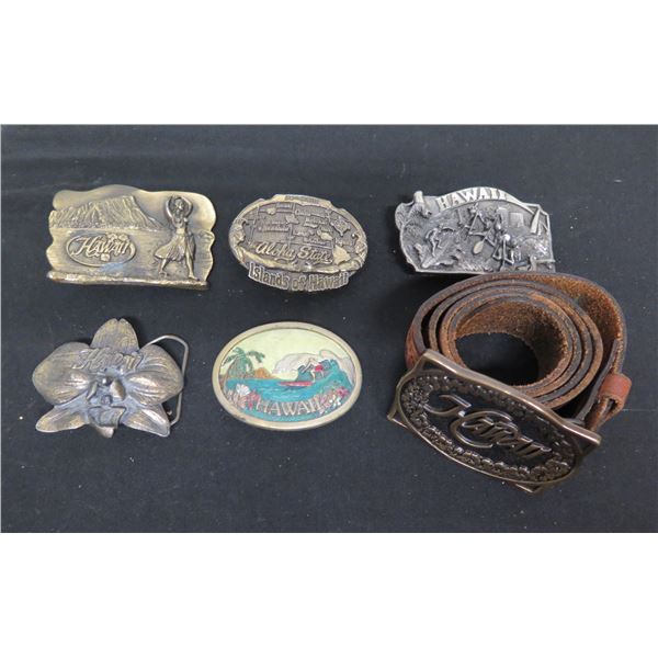 Qty 6 Belt Buckles: Aloha, Hawaii, Islands, Surfer, Orchid, Hula Dancer, etc (1 w/ Belt)