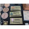 Image 10 : Carved Wooden Box w/ Indian Coins, Plaques, Figure, Jewelry, Key Rings, Patches, etc