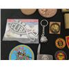 Image 14 : Carved Wooden Box w/ Indian Coins, Plaques, Figure, Jewelry, Key Rings, Patches, etc