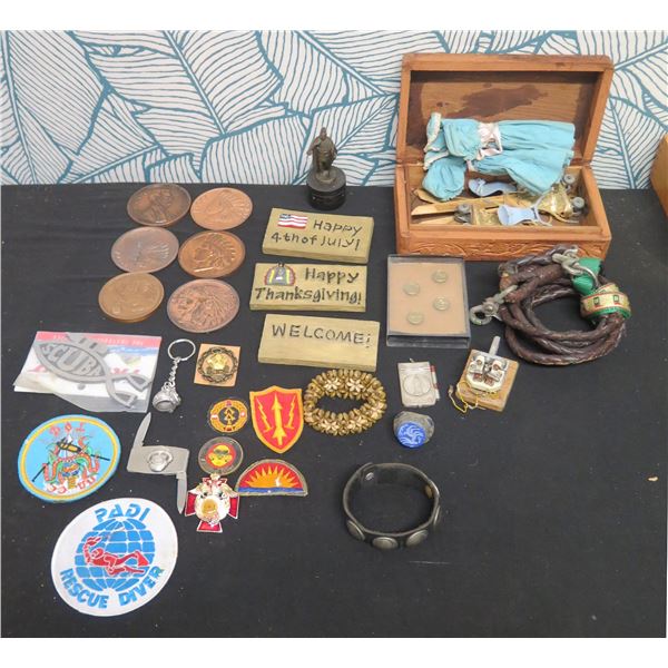 Carved Wooden Box w/ Indian Coins, Plaques, Figure, Jewelry, Key Rings, Patches, etc